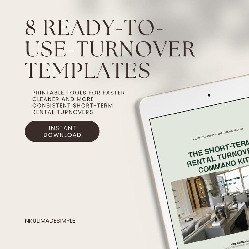 The Short-Term Rental Turnover Command Kit shown on a tablet, listing 8 ready-to-use turnover templates